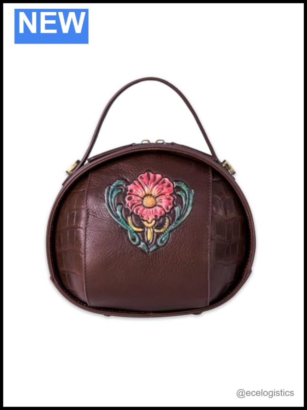 Vintage Genuine Leather Crossbody Bag Structured Satchel Floral Embossed Top